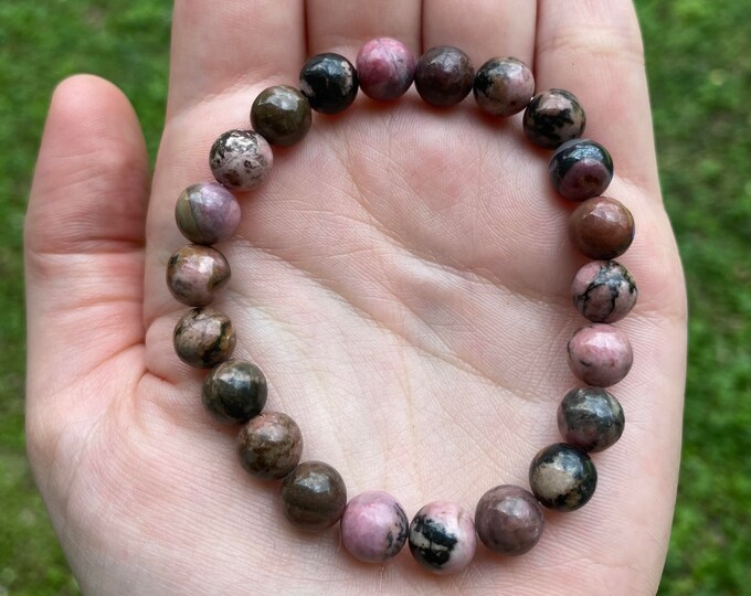 Natural Rhodonite Crystal Bracelet 8MM Handmade Custom Made Jewelry
