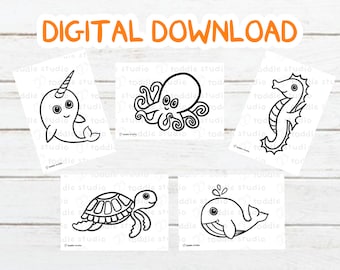 Ocean animals colouring pages - digital download, printable animal colouring pages, kids birthday activity, ocean life PDF files,