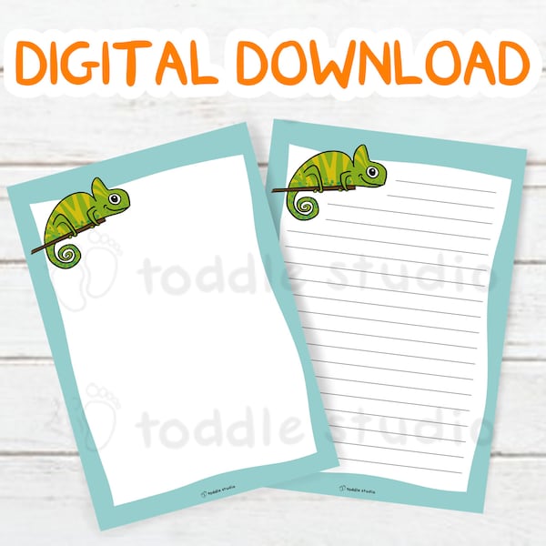 Chameleon writing paper, lined and blanc stationary download, animal PDF and JPEG printable, kids activity, birthday and mother's day gift