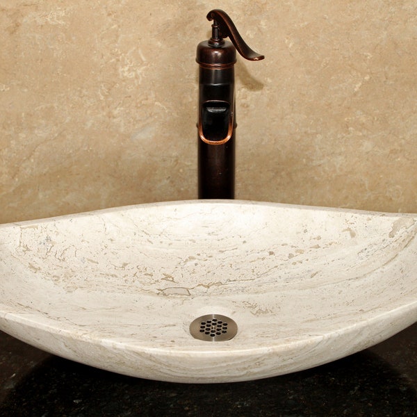 Fregadero de piedra natural - Mármol travertino - Fregadero de recipiente tallado a mano - Lavabo de baño de tocador - Hecho a mano