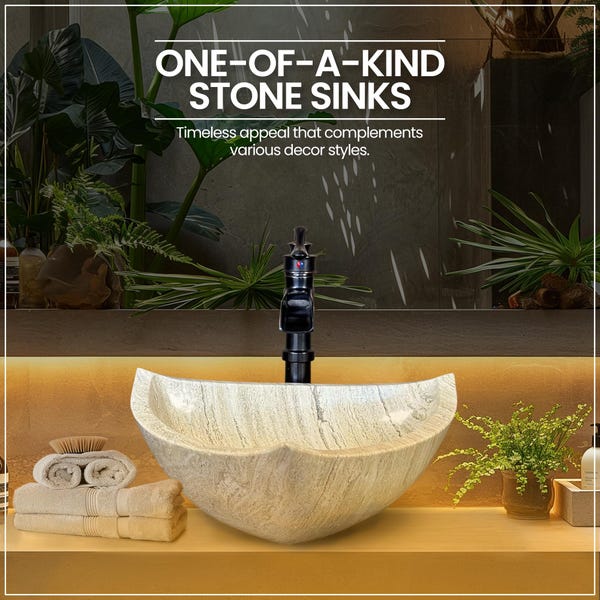 Hand Carved Travertine Marble Vessel Sink - Bathroom Vanity