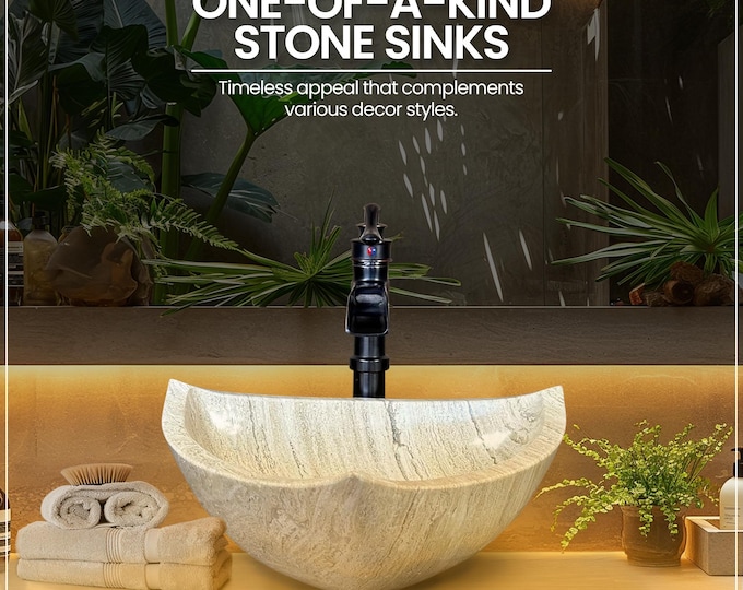 Natural Stone Sink - Travertine Marble - Hand Carved Vessel Sink - Vanity Bathroom Sink - Handmade