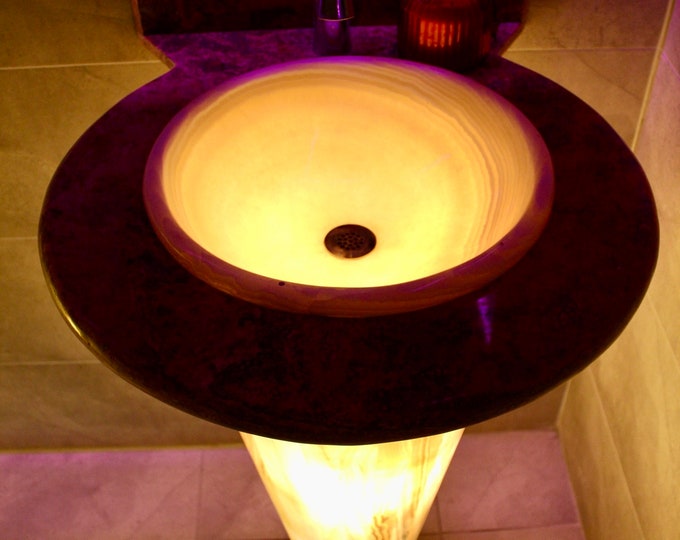 Lighted onyx stone sink, stone pedestal, custom made, handmade