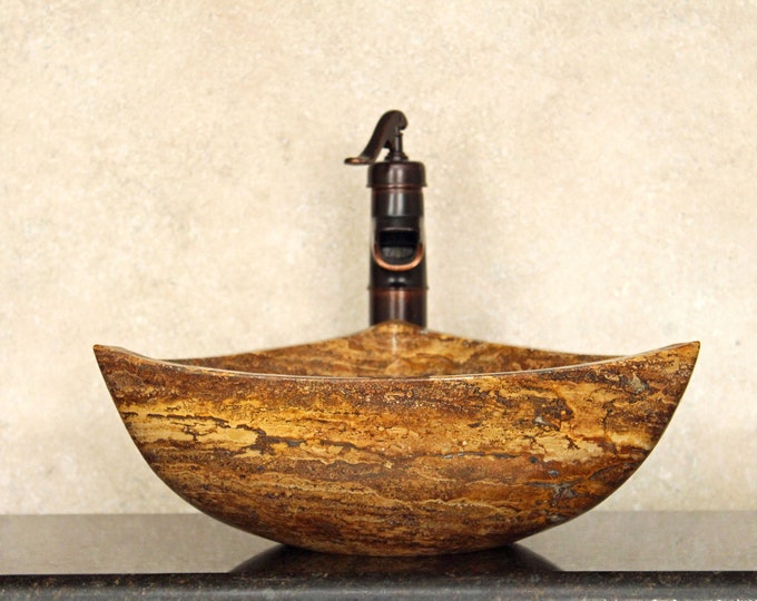 Drain Included - Natural Stone Sink - Rustic Travertine Marble - Hand Carved Vessel Sink - Vanity Bathroom Sink - Handmade