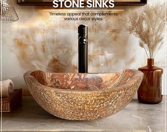 Natural Stone Sink - Rustic Travertine Marble - Hand Carved Vessel Sink - Vanity Bathroom Sink - Handmade