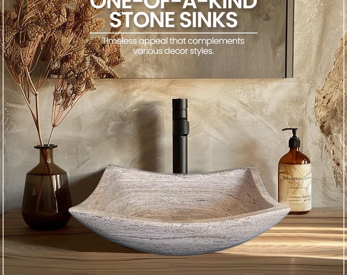 Natural Stone Sink - Rustic Travertine Marble - Hand Carved Vessel Sink - Vanity Bathroom Sink - Handmade
