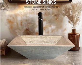 Hand Carved Travertine Vessel Sink: Square Stone Vanity
