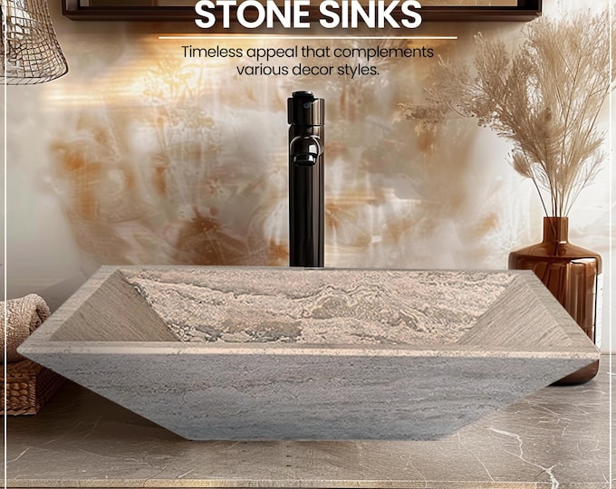 Natural Stone Sink - Vessel Sink - Travertine Marble - Hand Carved- Vanity Sink - Handmade
