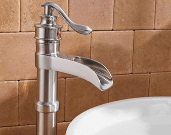 Bathroom Sink Faucet Brushed Nickel Waterfall Vessel Sink Faucet Single Handle 1 Hole Faucet for Bowl Sink