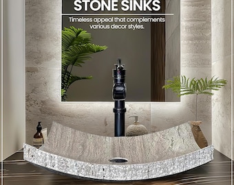 Handmade Rustic Travertine Stone Sink Vanity for Modern Bathrooms, Pure 100% Polished Inside Marble Handcarved Sinks, Overmount Vessel Sink