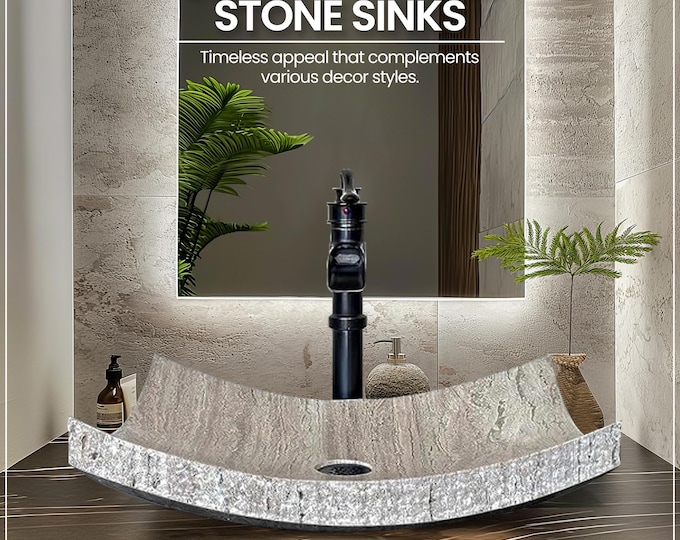 Handmade Rustic Travertine Stone Sink Vanity for Modern Bathrooms, Pure 100% Polished Inside Marble Handcarved Sinks, Overmount Vessel Sink