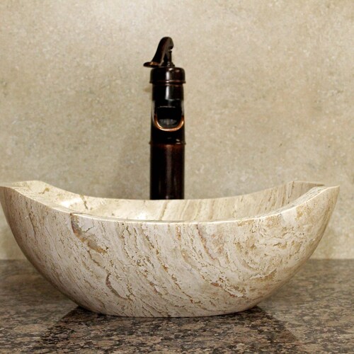 Hand Carved Travertine Marble Sink: Canoe Stone Vessel