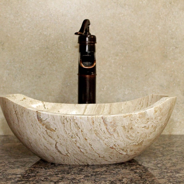 Fregadero de piedra natural - Mármol travertino - Fregadero de recipiente tallado a mano - Lavabo de baño de tocador - Hecho a mano