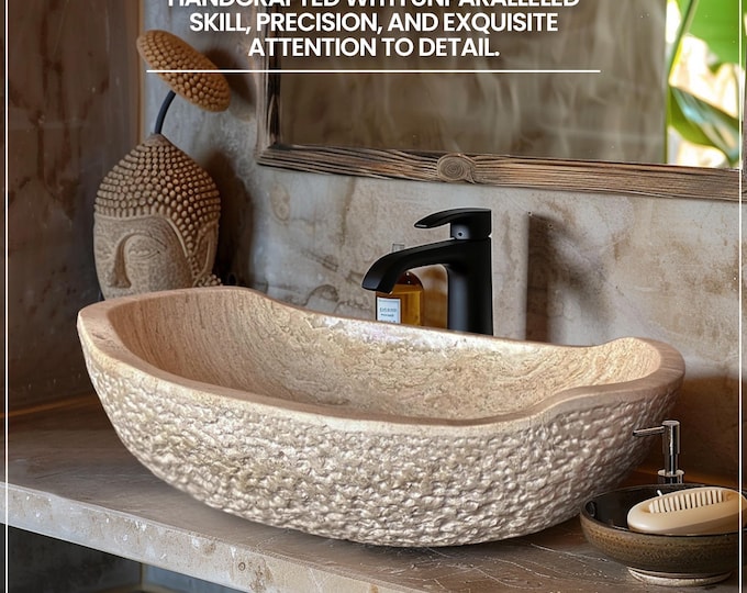 Handmade Rustic Travertine Stone Sink Vanity for Modern Bathrooms, Pure 100% Polished Inside Marble Handcarved Sinks, Overmount Vessel Sink
