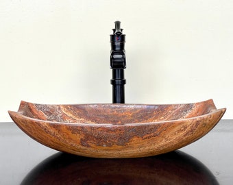 Fregadero de piedra natural - Mármol travertino - Fregadero de recipiente tallado a mano - Lavabo de baño de tocador - Hecho a mano