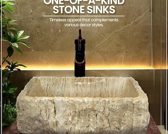 Handmade Rustic Travertine Stone Sink Vanity for Modern Bathrooms, 100% Polished Inside Marble Hand Carved Sinks, Stone Bathroom Vessel Sink