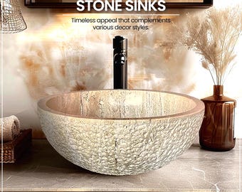 Natural Stone Sink - Rustic Travertine Marble - Hand Carved Vessel Sink - Vanity Bathroom Sink - Handmade