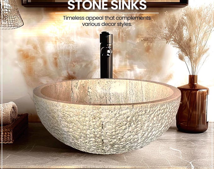 Natural Stone Sink - Rustic Travertine Marble - Hand Carved Vessel Sink - Vanity Bathroom Sink - Handmade
