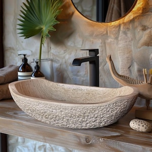 Natural Stone Sink - Rustic Travertine Marble - Hand Carved Vessel Sink - Vanity Bathroom Sink - Handmade