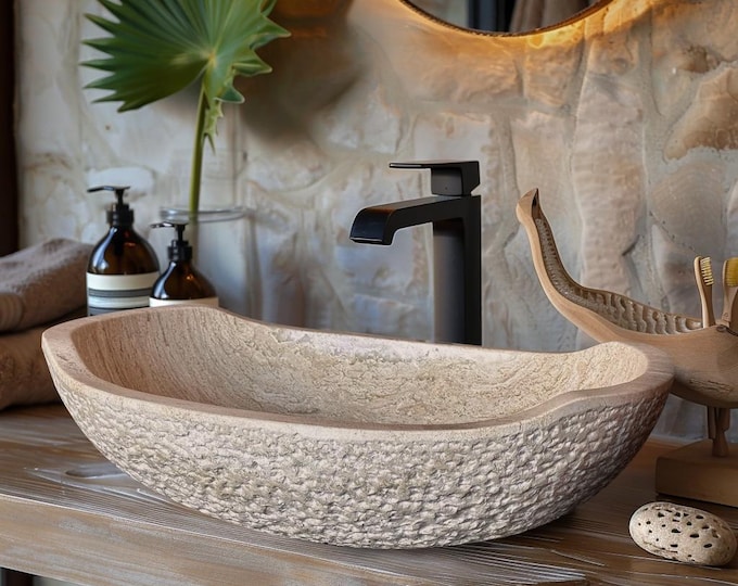 Natural Stone Sink - Rustic Travertine Marble - Hand Carved Vessel Sink - Vanity Bathroom Sink - Handmade