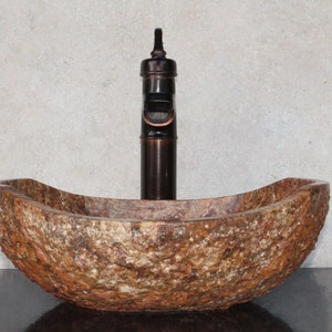 Fregadero de piedra natural - Mármol travertino rústico - Fregadero de recipiente tallado a mano - Lavabo de baño de tocador - Hecho a mano