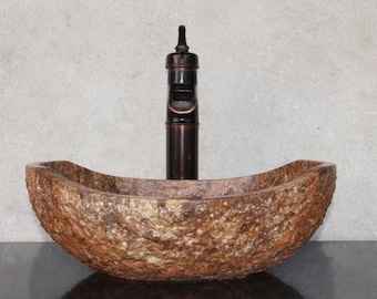 Fregadero de piedra natural - Mármol travertino rústico - Fregadero de recipiente tallado a mano - Lavabo de baño de tocador - Hecho a mano