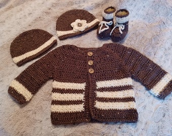 Crochet Baby Sweater 3-6 mos. Handmade Brown Baby Sweater and Beanie. Gender Neutral Baby Gift. Baby Shower Gift. Newborn Gift. New Mom