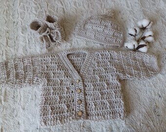 Taupe Crochet Baby Sweater Gender Neutral Set 0-3 mos.  Handmade Newborn Cream Baby Sweater and Beanie.  Newborn Baby Gift. Baby Shower Gift