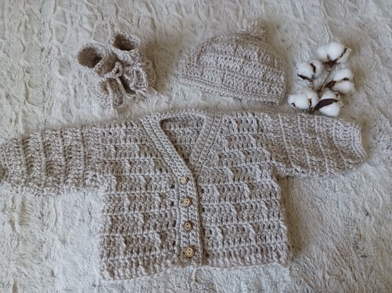 Gender Neutral Crochet Baby Sweater Set 0 3 Mos. Handmade Newborn Cream Baby Sweater and Beanie. Newborn Baby Gift. Baby Shower Gift Etsy