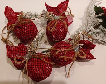 Red and Black Buffalo Fabric Christmas ornament, Handmade ornaments rustic Christmas balls, farmhouse Christmas tree, set of 4 ornaments