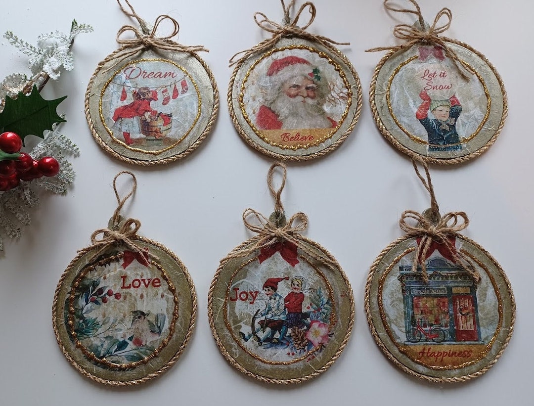 Set of 3 Vintage Decoupage Christmas Ornaments, Handmade Vintage Christmas Ornaments, Rice Paper