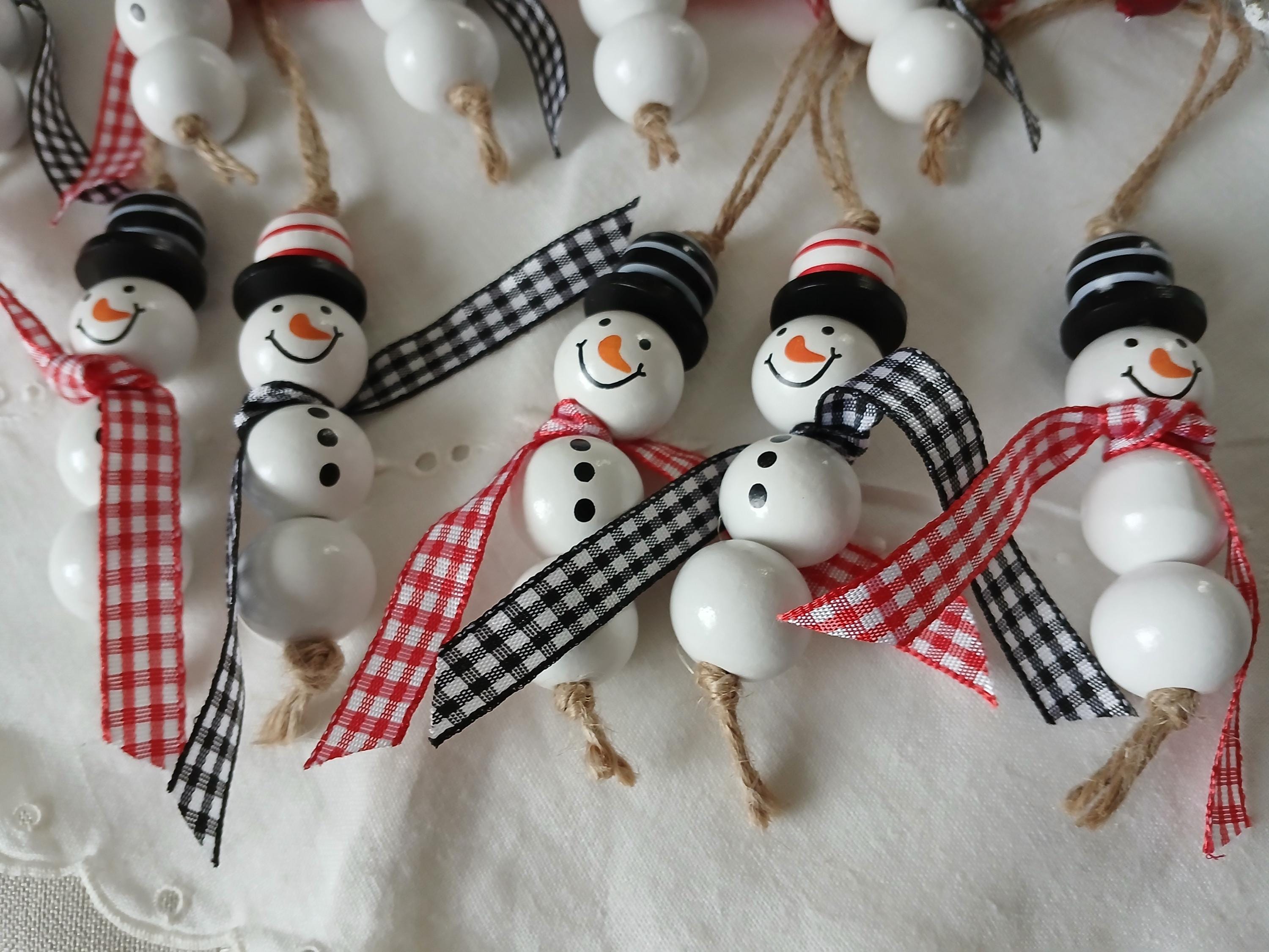 Wooden Bead Snowmen Ornaments: Farmhouse Christmas Decor, Set of 5