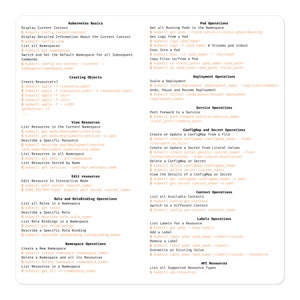 Puede incluir: Una hoja de papel blanca con una cuadrícula negra y naranja que contiene una lista de comandos para administrar recursos de Kubernetes. Los comandos están organizados por categoría, como "Conceptos básicos de Kubernetes", "Operaciones de pod", "Operaciones de implementación", "Operaciones de servicio", "Operaciones de ConfigMap y secreto", "Operaciones de contexto", "Operaciones de etiquetas", "Recursos de la API", "Ver recursos", "Editar recursos", "Operaciones de rol y enlace de rol", y "Operaciones de espacio de nombres".