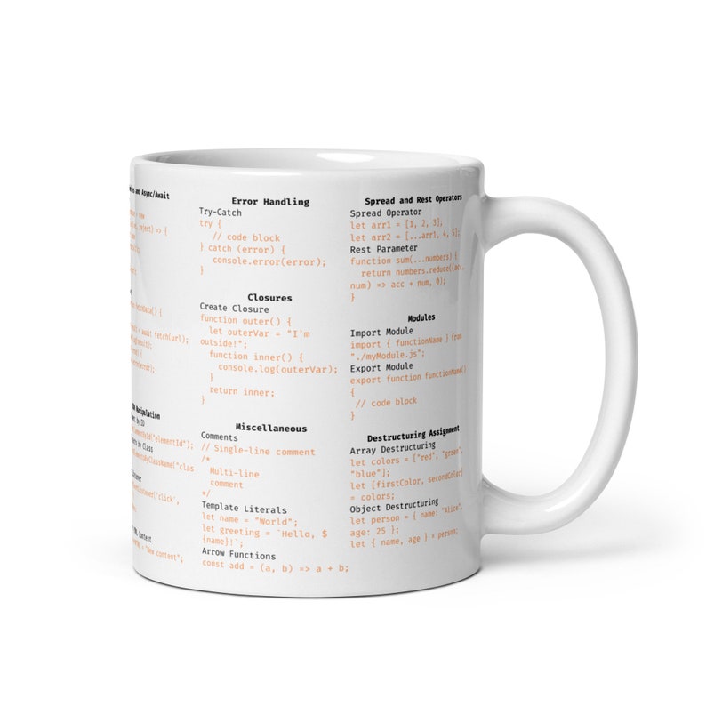 JAVASCRIPT Cheat Sheet MUG - 40+ Vanilla JS Commands and Concepts for ...
