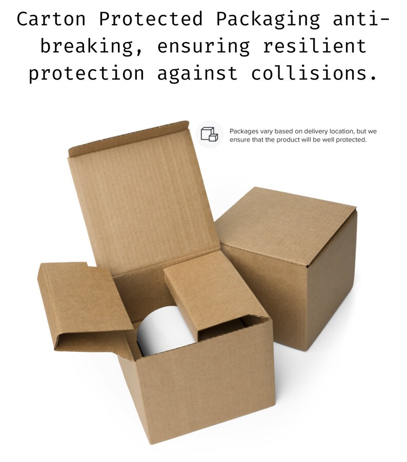 Op de afbeelding: Een bruine kartonnen doos met een witte binnenkant. De doos is open en er zit een kleinere bruine doos in. De kleinere doos is gesloten. De tekst op de afbeelding luidt: "Carton Protected Packaging anti-breaking, ensuring resilient protection against collisions. Packages vary based on delivery location, but we ensure that the product will be well protected."