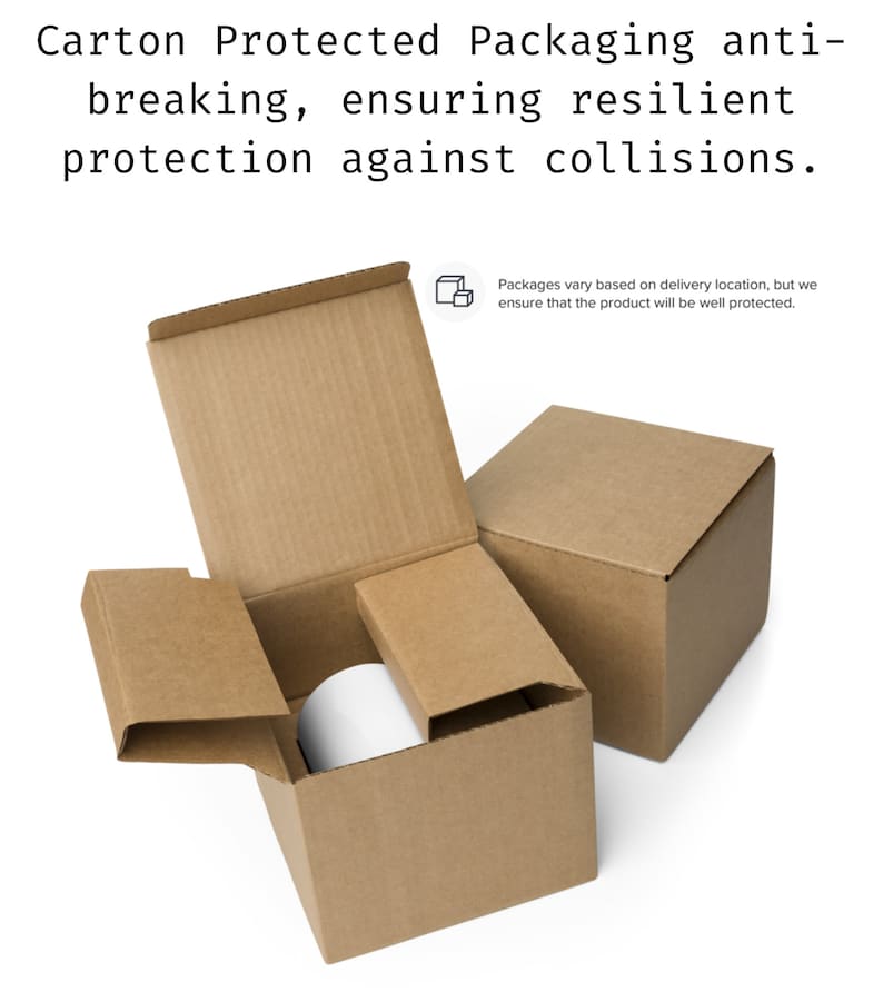 May include: A brown cardboard box with a white interior. The box is open and a smaller brown box is inside. The smaller box is also open and a white object is inside. The text on the box reads: "Carton Protected Packaging anti-breaking, ensuring resilient protection against collisions. Packages vary based on delivery location, but we ensure that the product will be well protected."