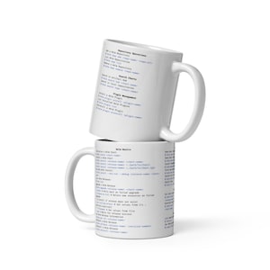 May include: Two white mugs stacked on top of each other. The mugs feature blue text with code snippets related to Helm, a package manager for Kubernetes. The text on the top mug includes "Repository Operations", "Search Charts", and "Plugin Management". The text on the bottom mug includes "Helm Basics" and "Helm Release".
