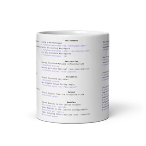 May include: A white ceramic mug with a blue and purple design. The mug features a list of Terraform commands for managing infrastructure, including creating a new workspace, destroying infrastructure, inspecting variables, and upgrading modules.