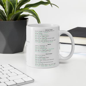 May include: A white ceramic mug with a black and green design featuring Git commands for undoing changes, tagging, and miscellaneous tasks. The text on the mug includes commands like "git checkout", "git reset", "git tag", and "git version".