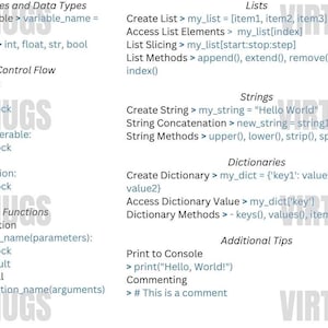 Op de afbeelding: Een wit en blauw diagram met zwarte tekst dat de basisprincipes van Python-programmeren beschrijft. Het diagram behandelt onderwerpen als variabelen, gegevenstypen, besturingsstroom, lijsten, strings, dictionaries, klassen, objecten, bestandsbewerkingen en uitzonderingsafhandeling.