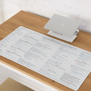 May include: A white desk mat with a blue and green design featuring a variety of programming code snippets. The code snippets include examples of basic programming concepts such as variables, data types, operators, loops, and functions. The mat is designed to help programmers learn and practice coding.