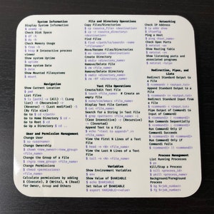 May include: A colourful cheat sheet with a list of Linux commands organised by category. The categories include System Information, File and Directory Operations, Text File Operations, Networking, Redirection, Pipes, and Lists, User and Permission Management, Variables, and Process Management.