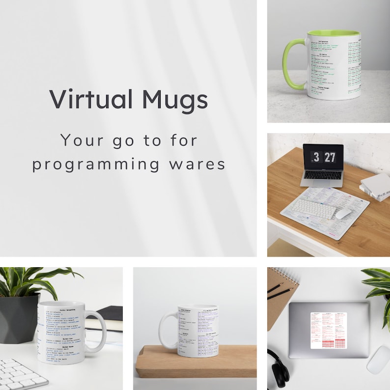 Op de afbeelding: Virtual Mugs, een bedrijf dat mokken verkoopt met geprinte programmeercode. De afbeelding toont drie verschillende mokken met geprinte code, een met een groene rand, een met een witte rand en een met een zwarte rand. De mokken worden getoond op verschillende achtergronden, waaronder een bureau met een laptop en een muismat, een houten plank en een wit oppervlak met een plant.