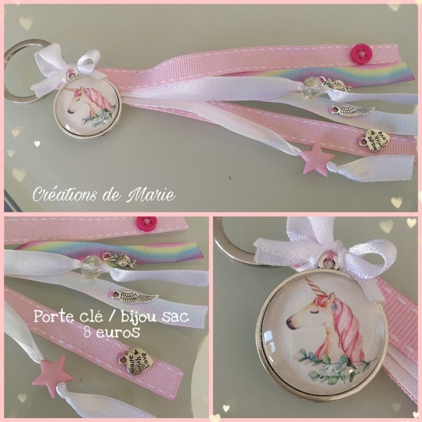 Porte-clés, bijou sac, artisanal, cabochon licorne, rose et blanc