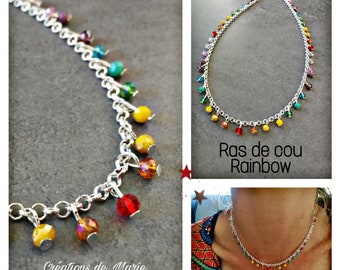 Ras de cou artisanal, collier de perles en verre, "RAINBOW", ajustable