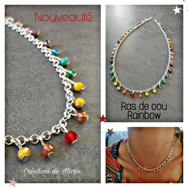 Ras de cou artisanal, collier de perles en verre, "RAINBOW", ajustable