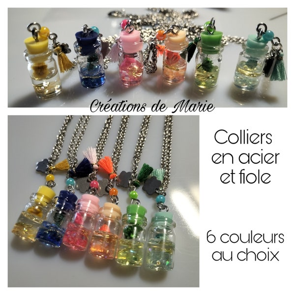 Collier fiole fleur séchée verre et acier 6 couleurs