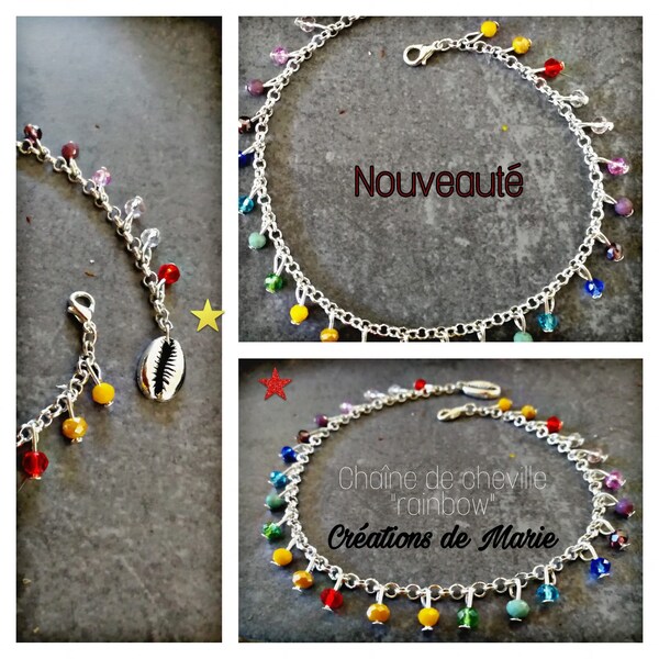 Chaîne de cheville artisanale, perles en verre "Rainbow", ajustable