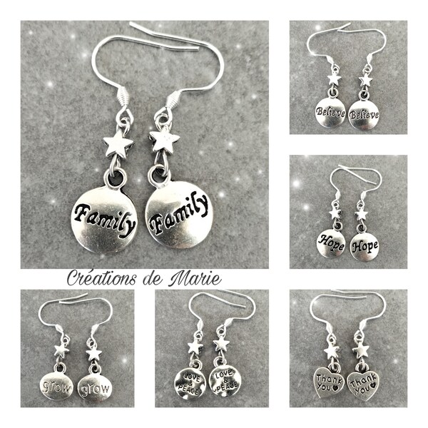 Boucles d'oreilles breloque à message métal argenté