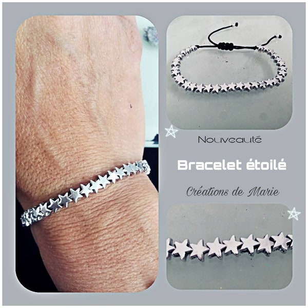 Bracelet perles étoile en métal argenté ajustable
